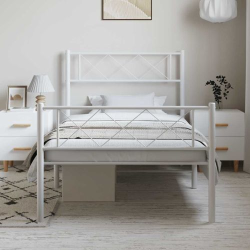 Метална рамка за легло с горна и долна табла, бяла, 100x200 см