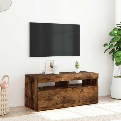 ТВ шкаф с LED осветление, опушен дъб, 90x35x40 см