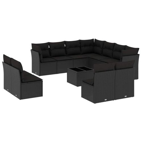 Градински диван с възглавници, 12 части, черен, полиратан