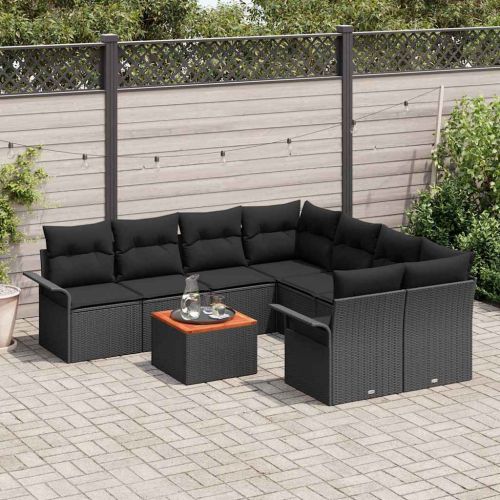 Градински Софа Комплект с възглавница 9 pcs Черно полиратан