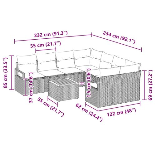 Градински Софа Комплект с възглавница 9 pcs Черно полиратан