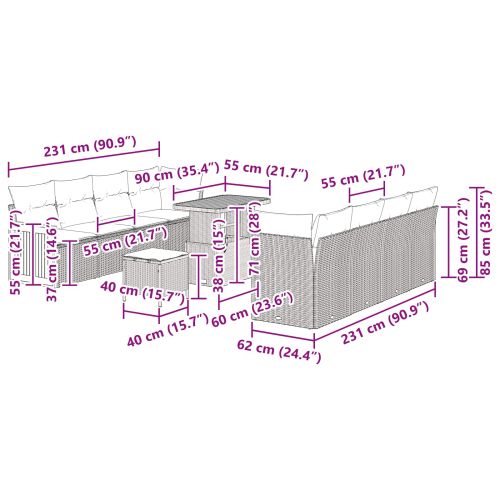 Градински Софа Комплект с възглавница 11 pcs Черно