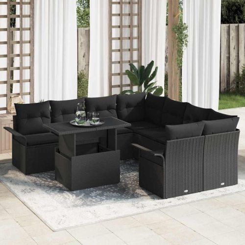 Градински Софа Комплект с възглавница 9 pcs Черно Полиратан