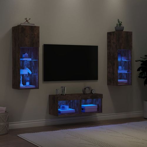 ТВ стенни шкафове, 4 части, с LED светлини, опушен дъб