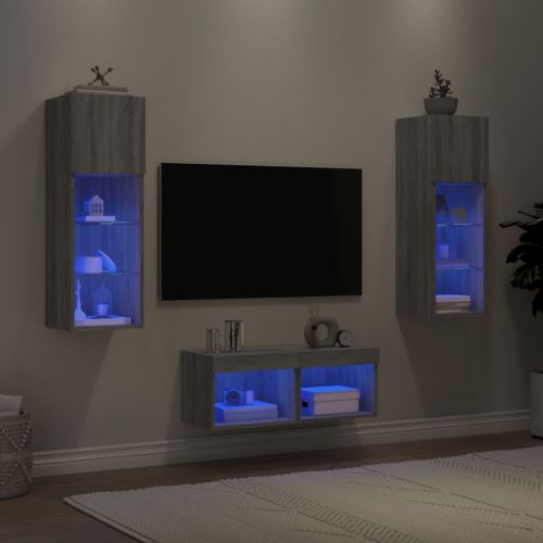 ТВ стенни шкафове, 4 части, с LED светлини, сив сонома