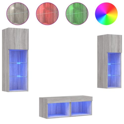 ТВ стенни шкафове, 4 части, с LED светлини, сив сонома