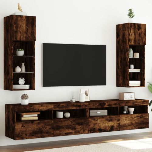 ТВ шкафове с LED осветление, 2 бр, опушен дъб, 30,5x30x90 см