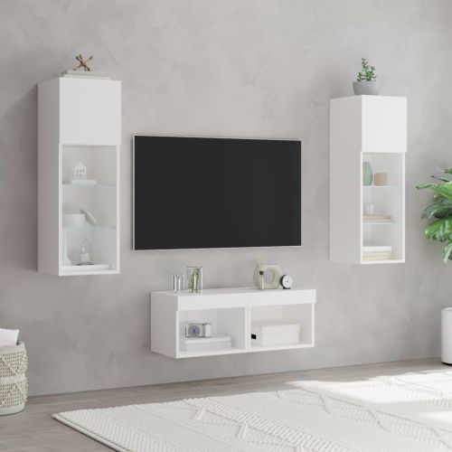 ТВ стенни шкафове, 4 части, с LED светлини, бели