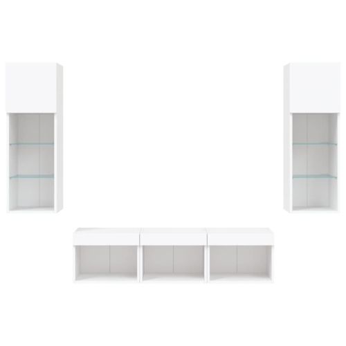 ТВ стенни модули с LED, 5 части, бели, инженерно дърво