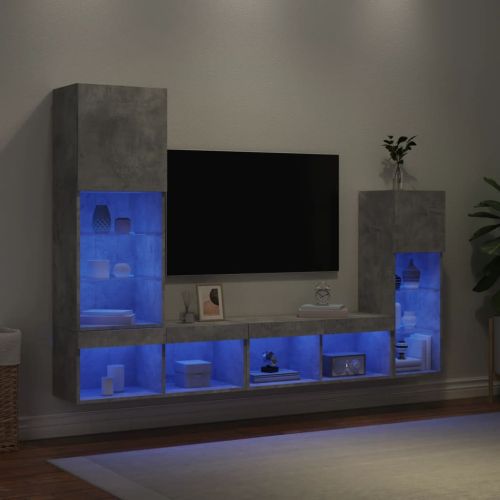ТВ стенни модули с LED, 4 части, бетонно сиви, инженерно дърво