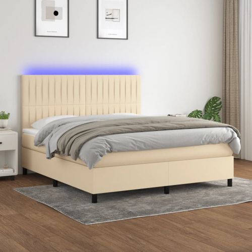 Боксспринг легло с матрак и LED, кремаво, 160x200 см, плат