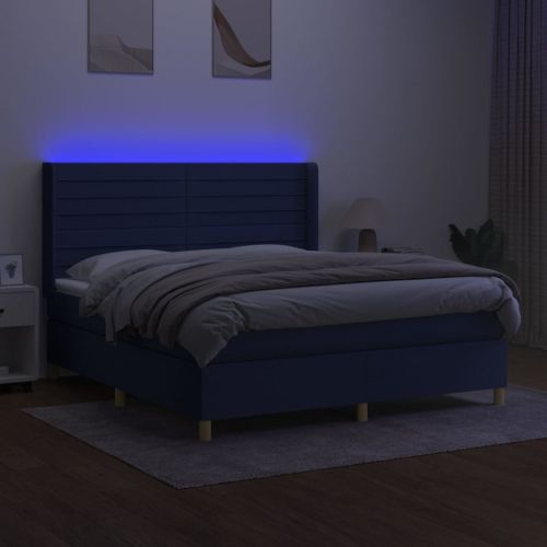 Боксспринг легло с матрак и LED, синьо, 180x200 см, плат