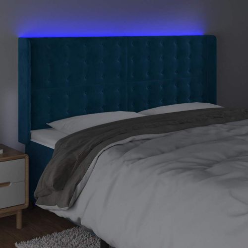 LED горна табла за легло, тъмносиня, 203x16x118/128 см, кадифе
