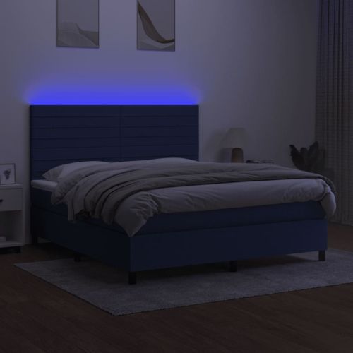 Боксспринг легло с матрак и LED, синьо, 160x200 см, плат