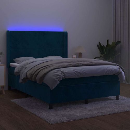 Боксспринг легло с матрак и LED, тъмносиньо, 140x200 см, кадифе