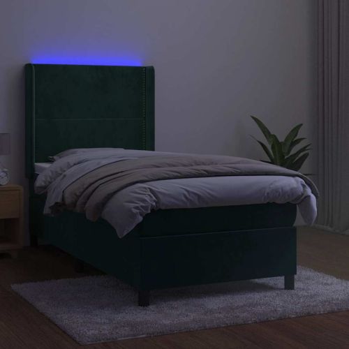Боксспринг легло с матрак и LED, тъмнозелено, 100x200см, кадифе