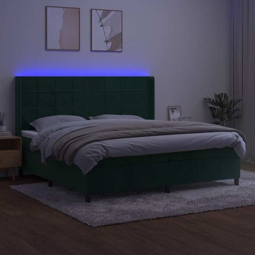 Боксспринг легло с матрак и LED, тъмнозелено, 200x200см, кадифе