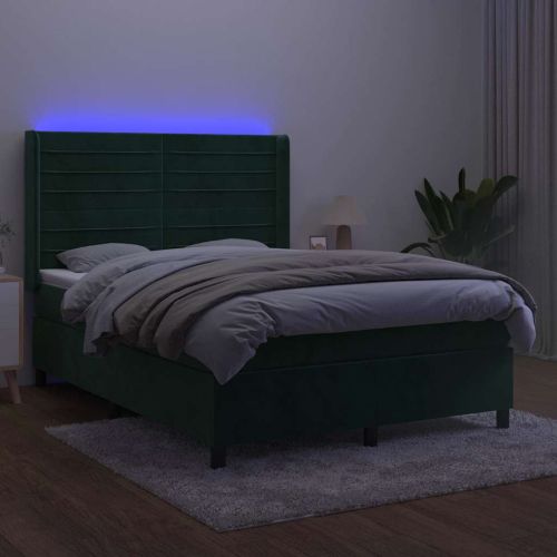 Боксспринг легло с матрак и LED, тъмнозелено, 140x190см, кадифе