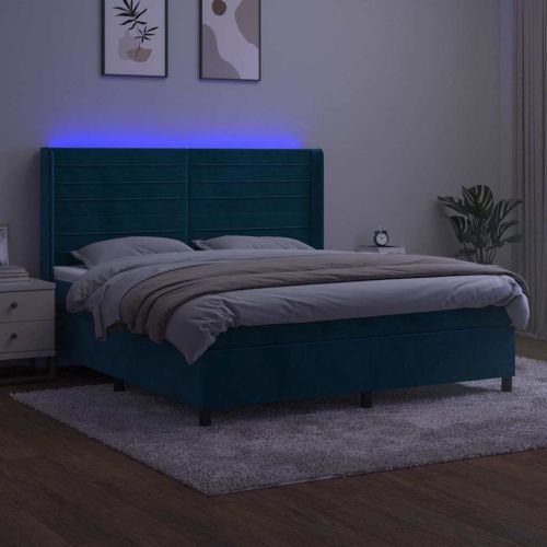 Боксспринг легло с матрак и LED, тъмносиньо, 180x200 см, кадифе