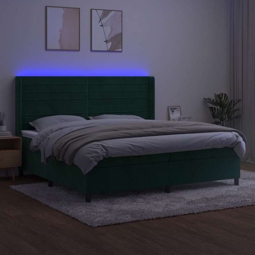 Боксспринг легло с матрак и LED, тъмнозелено, 200x200см, кадифе