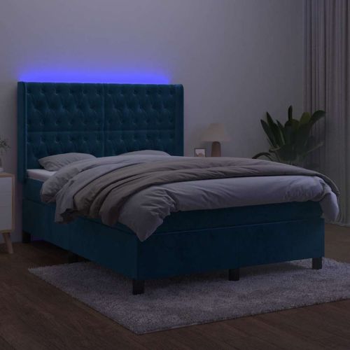Боксспринг легло с матрак и LED, тъмносиньо, 140x200 см, кадифе
