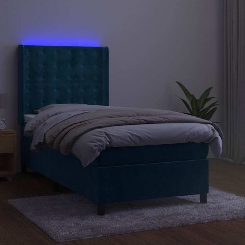 Боксспринг легло с матрак и LED, тъмносиньо, 90x190 см, кадифе