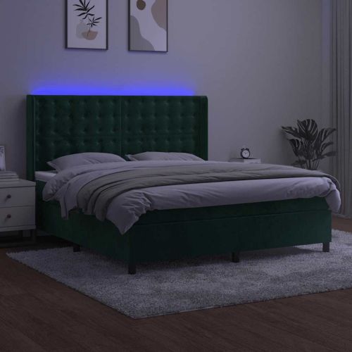 Боксспринг легло с матрак и LED, тъмнозелено, 160x200см, кадифе