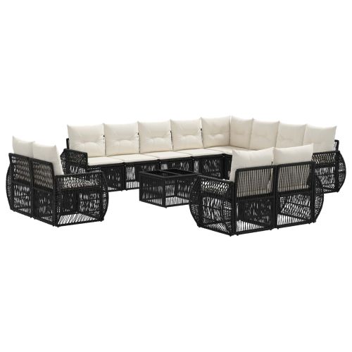 Градински Софа Комплект 13 pcs Черно и кремаво бяло полиратан