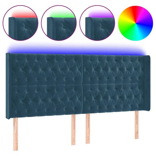 LED горна табла за легло, тъмносиня, 203x16x118/128 см, кадифе