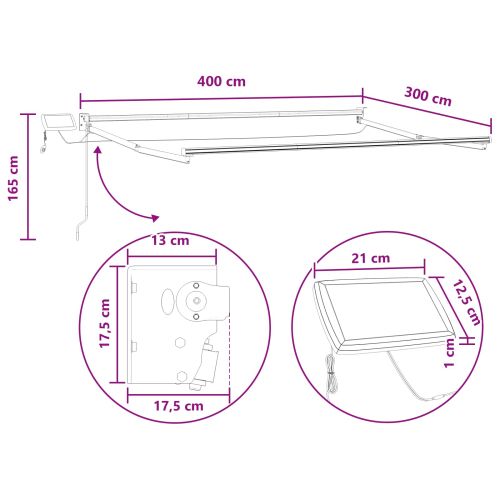 Ръчен изтеглящ сенник с LED светлини Светлосив и бял