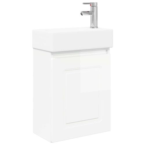 Мивка за баня със смесител Бял гланц 45,5 x 22,5 x 84 см