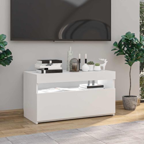 ТВ шкаф с LED осветление, бял гланц, 75x35x40 см