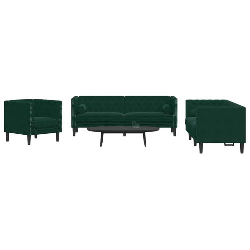 Комплект дивани Честърфийлд, 3 части, с възглавници, тъмнозелен кадифе