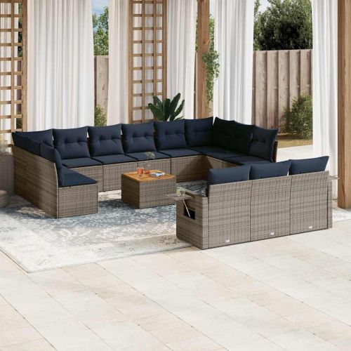 14-частов комплект градински дивани с възглавници, сив, полиратан