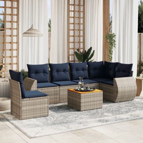 Градински комплект дивани с възглавници, 7 части, сив, полиратан