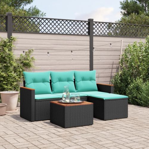 Комплект градински дивани от 5 части с възглавници, черен полиратан
