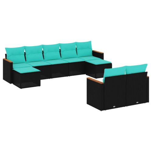 Градински комплект дивани с възглавници, 9 части, черен полиратан