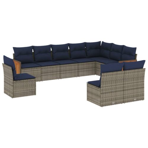 Комплект градински дивани с възглавници, 10 части, сив, полиратан