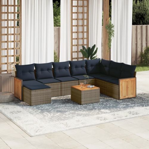 Градински комплект дивани с възглавници, 9 части, сив, полиратан