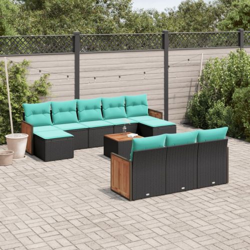 Комплект градински дивани с възглавници, 11 части, черен полиратан