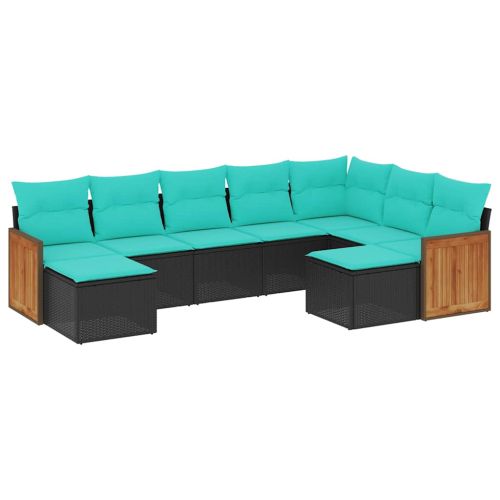 Градински комплект дивани с възглавници, 9 части, черен полиратан