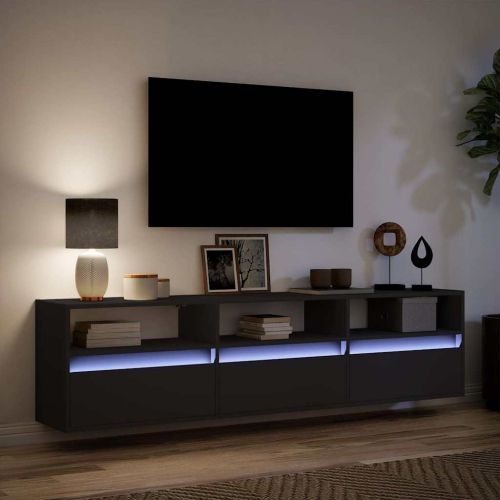 Стенен ТВ шкаф с LED, черен, 180x31x45 см