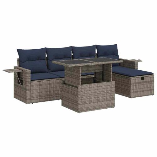 Градински комплект от 6 дивана с възглавници, сив, полиратан, акация