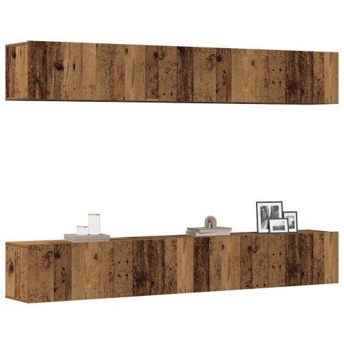 Комплект стенен ТВ шкаф, 4 части, старо дърво, 100x30x30 см