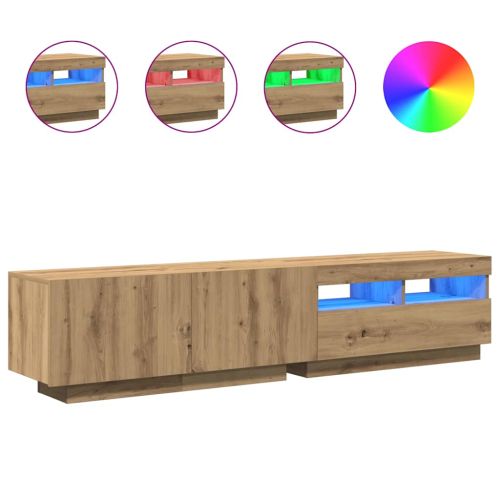 ТВ шкаф с LED осветление, дъбов художествен занаятчийски, 180x35x40 см, инженерно дърво