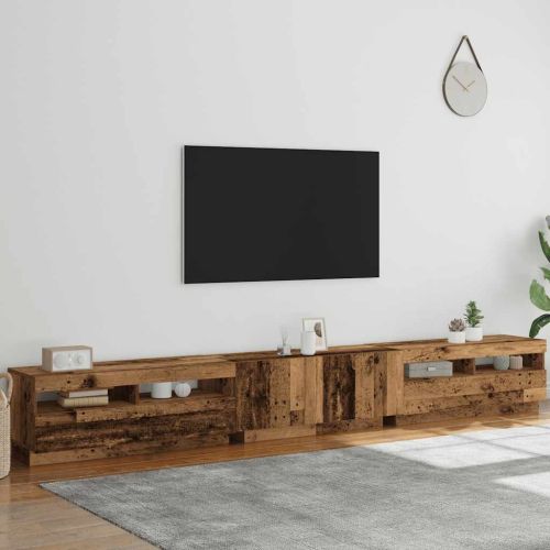 ТВ шкаф с LED осветление, старо дърво, 300x35x40 см, инженерно дърво