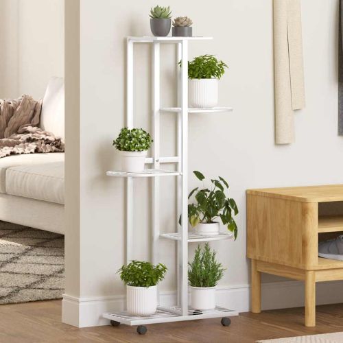 5-етажна стойка за цветя с колелца 44x23x100 см, бяло желязо
