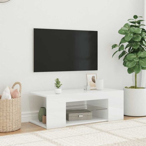 ТВ шкаф с LED осветление, бял гланц, 90x39x30 см