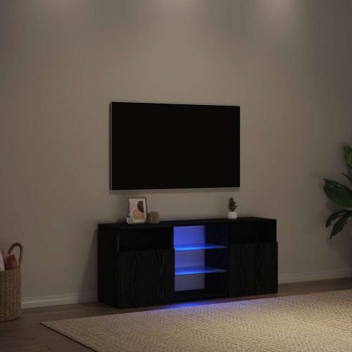 ТВ шкаф с LED осветление, черен дъб, 120x30x50 см, инженерно дърво