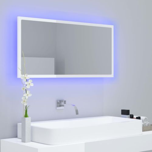 LED огледало за баня, бял гланц, 90x8,5x37 см, акрил